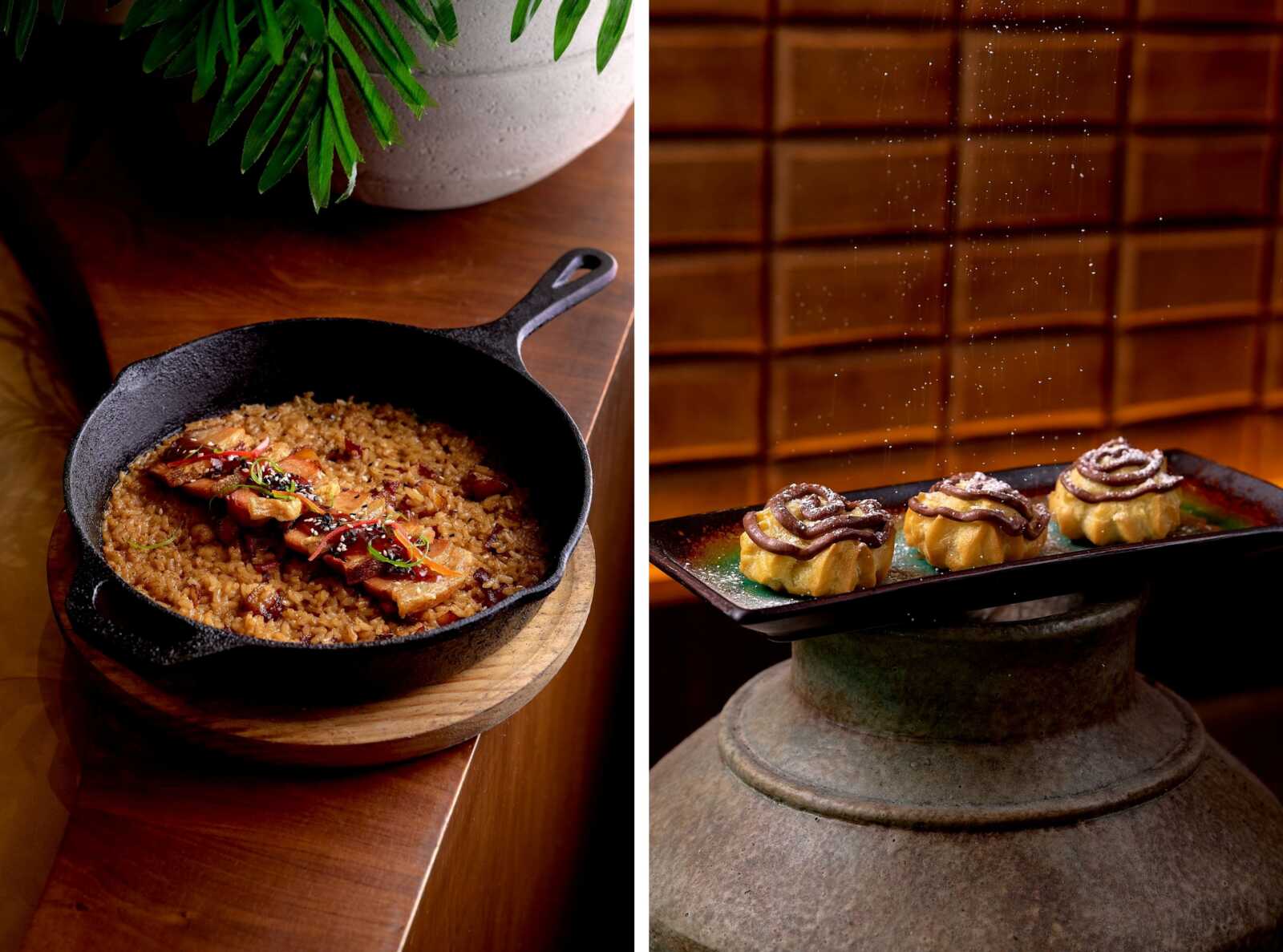 Split-image showing two foods: left a cast-iron skillet of fried rice with meat on a wooden board; right a rectangular plate with three pastry bites drizzled in chocolate atop a rustic stand.