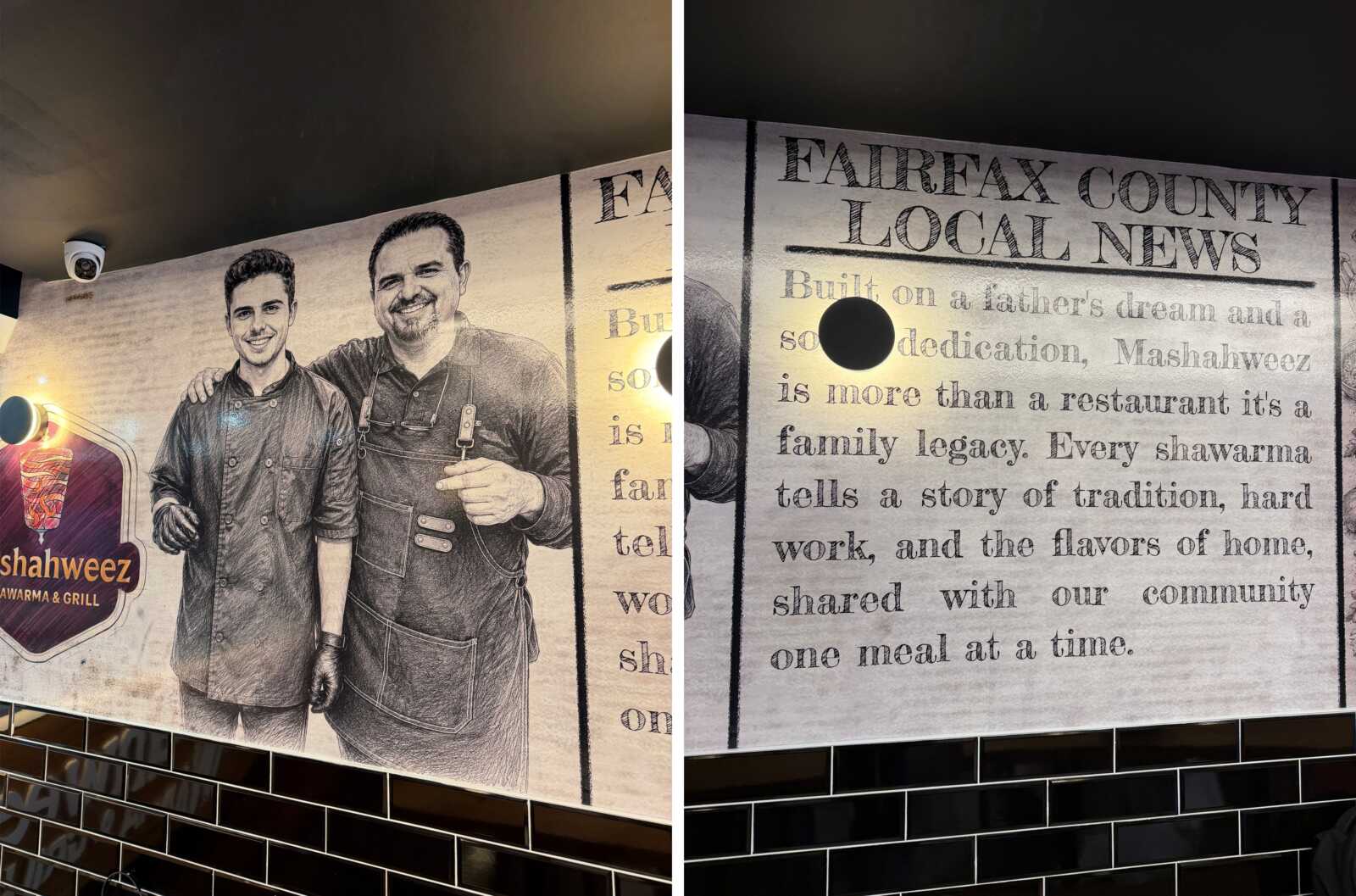 A wall mural in a shawarma restaurant showing two smiling chefs posing on the left and a newspaper-style text panel on the right.