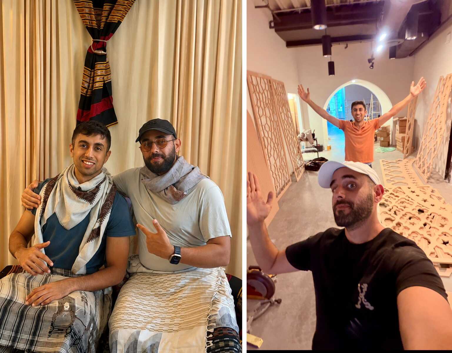 Collage: left panel shows two friends posing indoors, one wearing a scarf and cap; right panel shows one man taking a selfie in a workshop with large wooden lattice panels in the background.