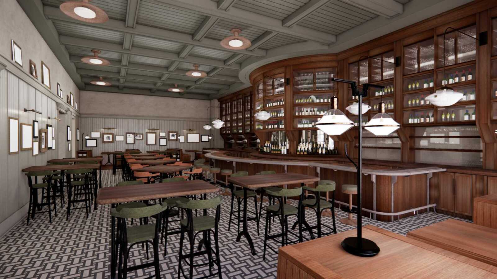 Vintage bar interior with curved wooden shelves full of bottles, multiple high-top tables and green stools.