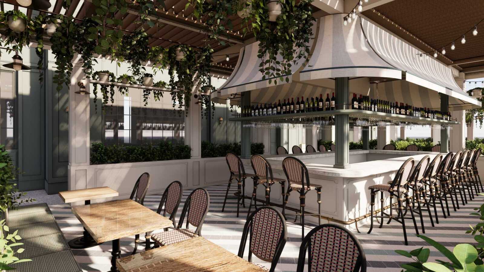 Ebbitt House patio bar rendering (courtesy Ebbitt House) | FFXnow Outdoor bar with a long white marble counter, high wicker chairs, and shelves of bottles under a striped canopy; string lights and hanging greenery above.