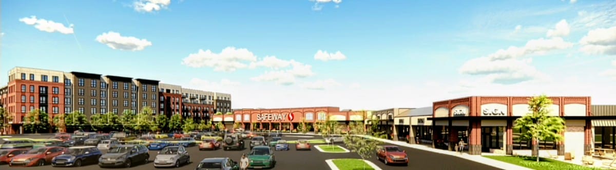 Proposal for renovated Courthouse Plaza Shopping Center with housing at left (via Combined Properties) | FFXnow A busy suburban shopping plaza with a Safeway in the center, storefronts lining both sides and cars parked in a large lot under a blue sky.