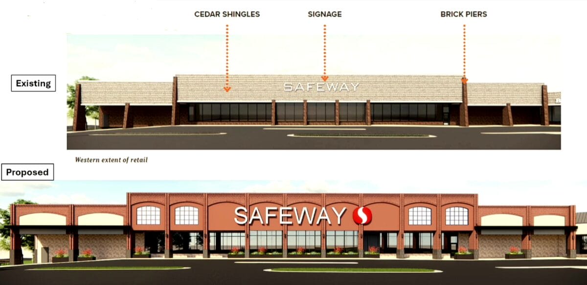 Proposed revisions to Safeway at Courthouse Plaza (via Combined Properties) | FFXnow Side-by-side comparison of a Safeway storefront: existing building with cedar shingles and brick piers versus a proposed brick-arched front with a large SAFEWAY sign and circular logo.