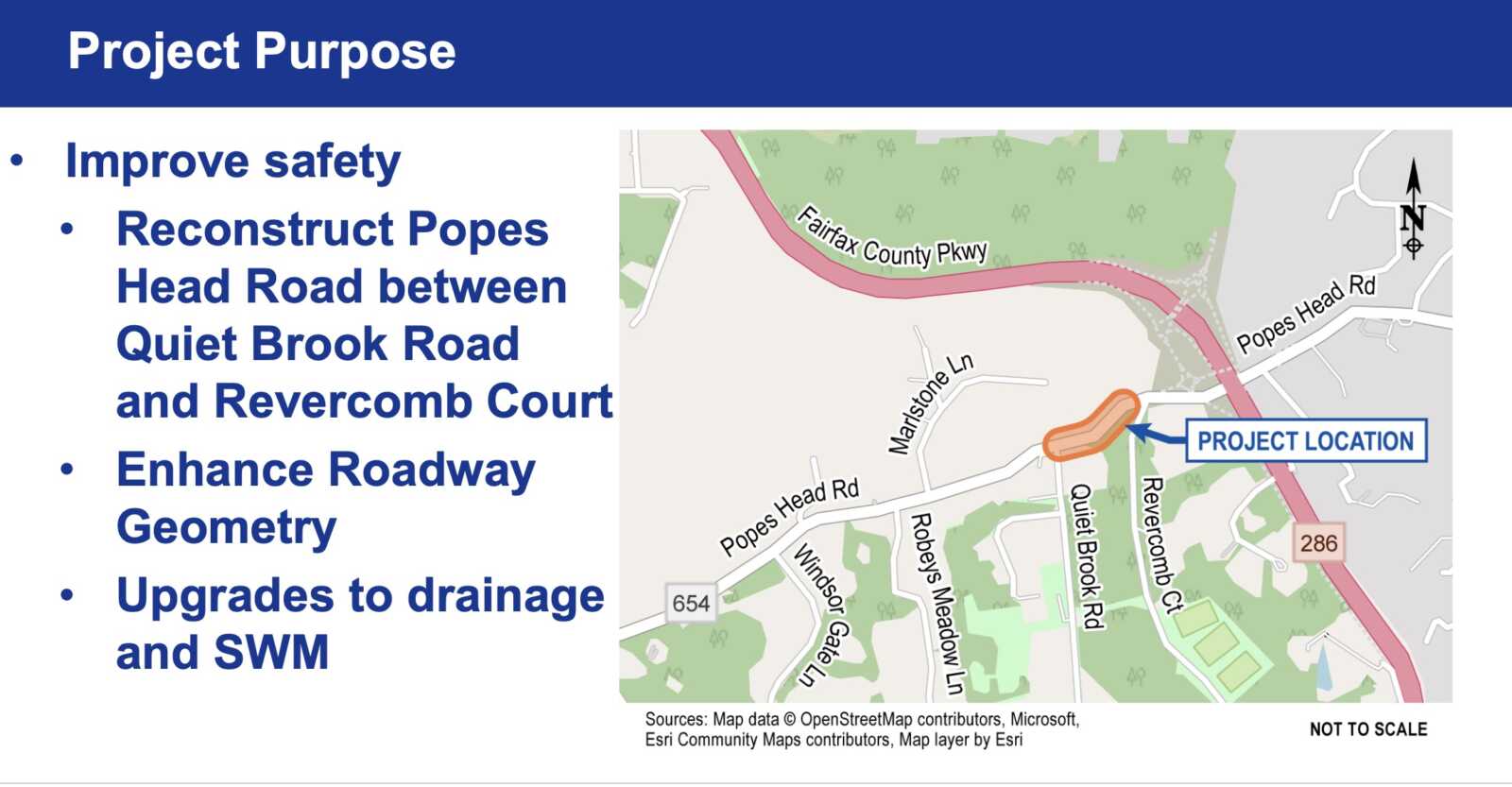A slide from a VDOT presentation given during a community meeting last week (Screenshot via VDOT) | FFXnow Slide titled 'Project Purpose' with bullets describing road improvements and a labeled map marking the project location on the right side.
