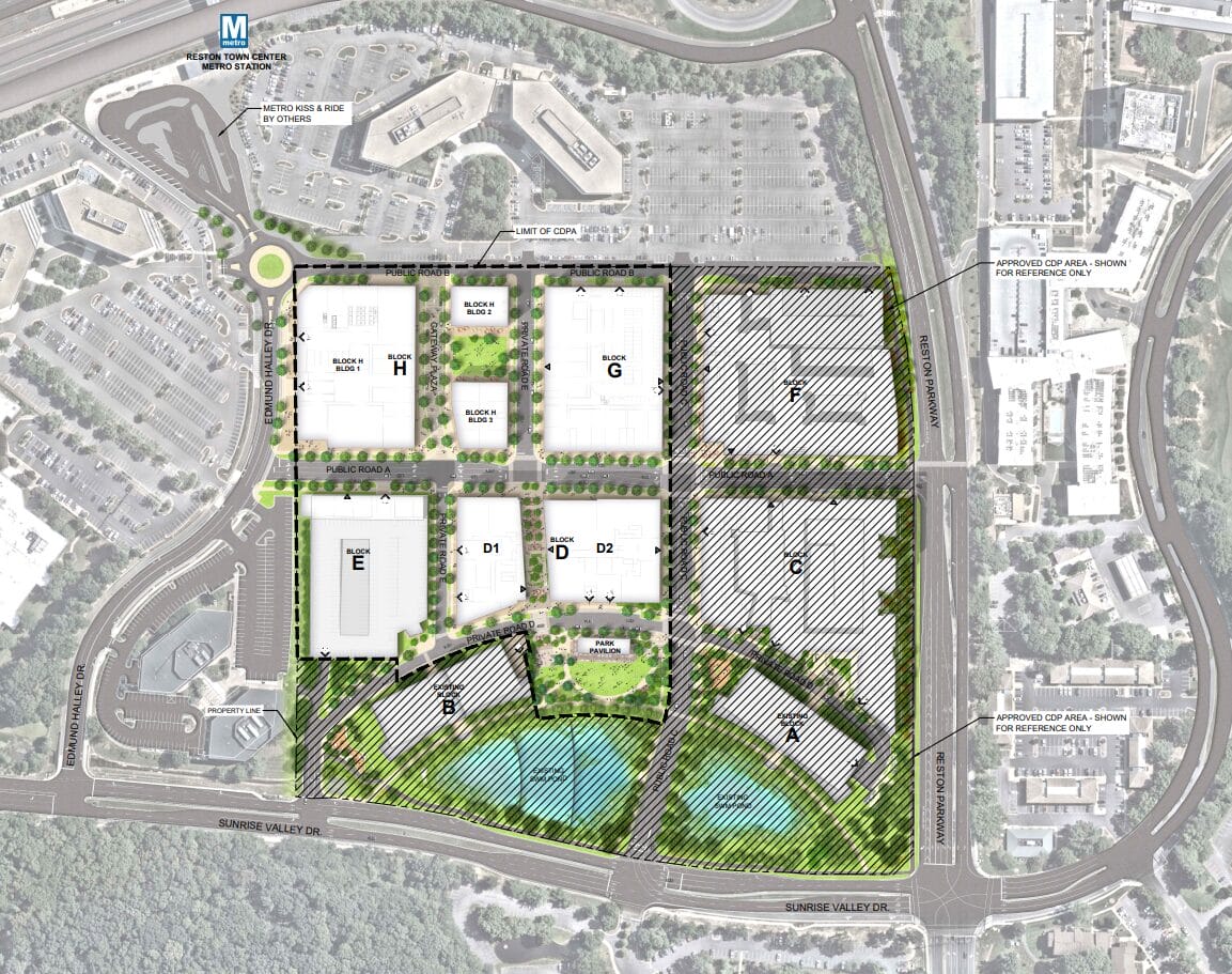 WS Development's proposed layout for Halley Rise in Reston (via LandDesign/Fairfax County) | FFXnow Site plan of a large development with labeled blocks A–F, roads, parking, and green spaces including two ponds at the front.