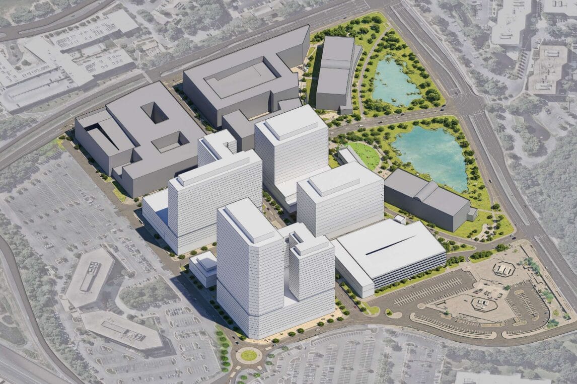 Aerial rendering of a new urban district with several white office towers, surrounding roads, a large parking lot, and a landscaped park with two ponds on the right side.