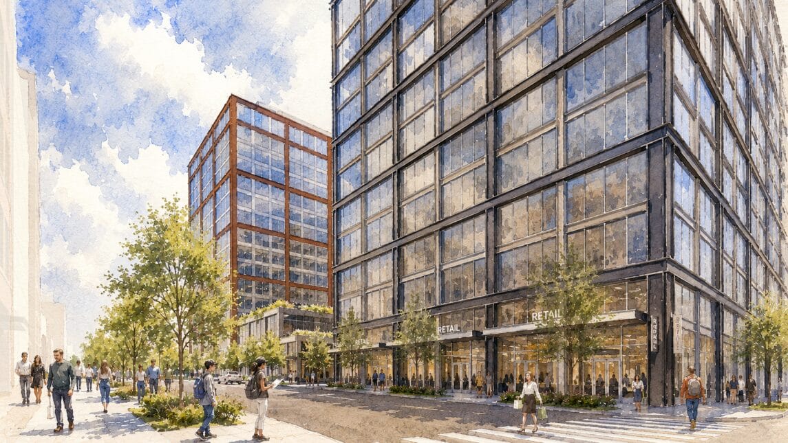 Rendering of a modern glass office building with retail on the ground floor and pedestrians along a tree-lined street