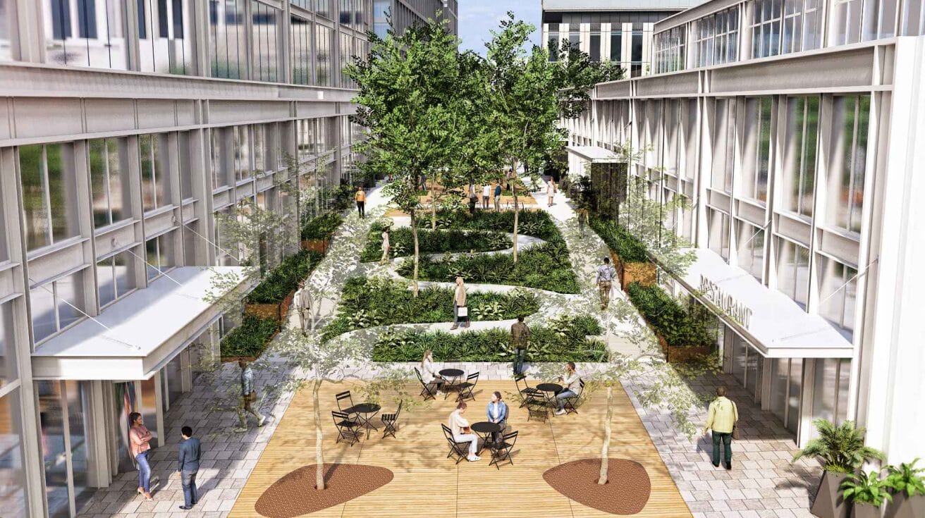 Rendering of the Mews in Halley Rise (via LandDesign/Fairfax County) | FFXnow Courtyard between modern office buildings with terraced green walls, trees, and people sitting at round tables outside. (Informative)