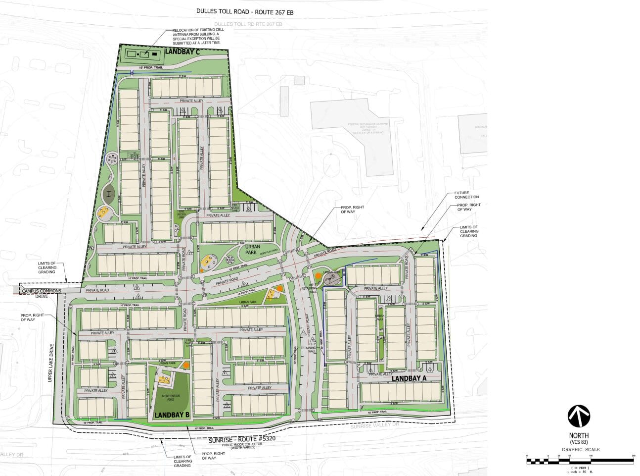 Illustrated site plan for Berman Enterprises' proposed redevelopment of Makers Point in Reston with townhouses (via VIKA Virginia/Fairfax County) | FFXnow Site plan of a residential development with Landbay A and B, rows of houses, internal roads and private alleys, green spaces, and an urban park. Surrounding access roads and a north arrow are shown.