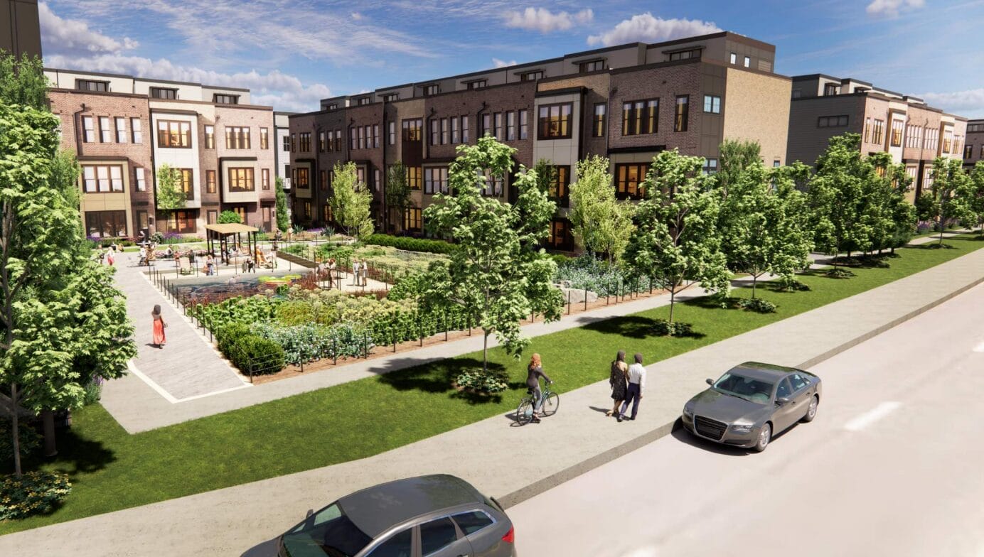 Rendering of a community park with a bio-retention facility in Berman Enterprises' proposed Makers Point residential development in Reston (via VIKA Virginia/Fairfax County) | FFXnow Modern townhouse complex with a central landscaped courtyard, trees, and people strolling and socializing in the sun.