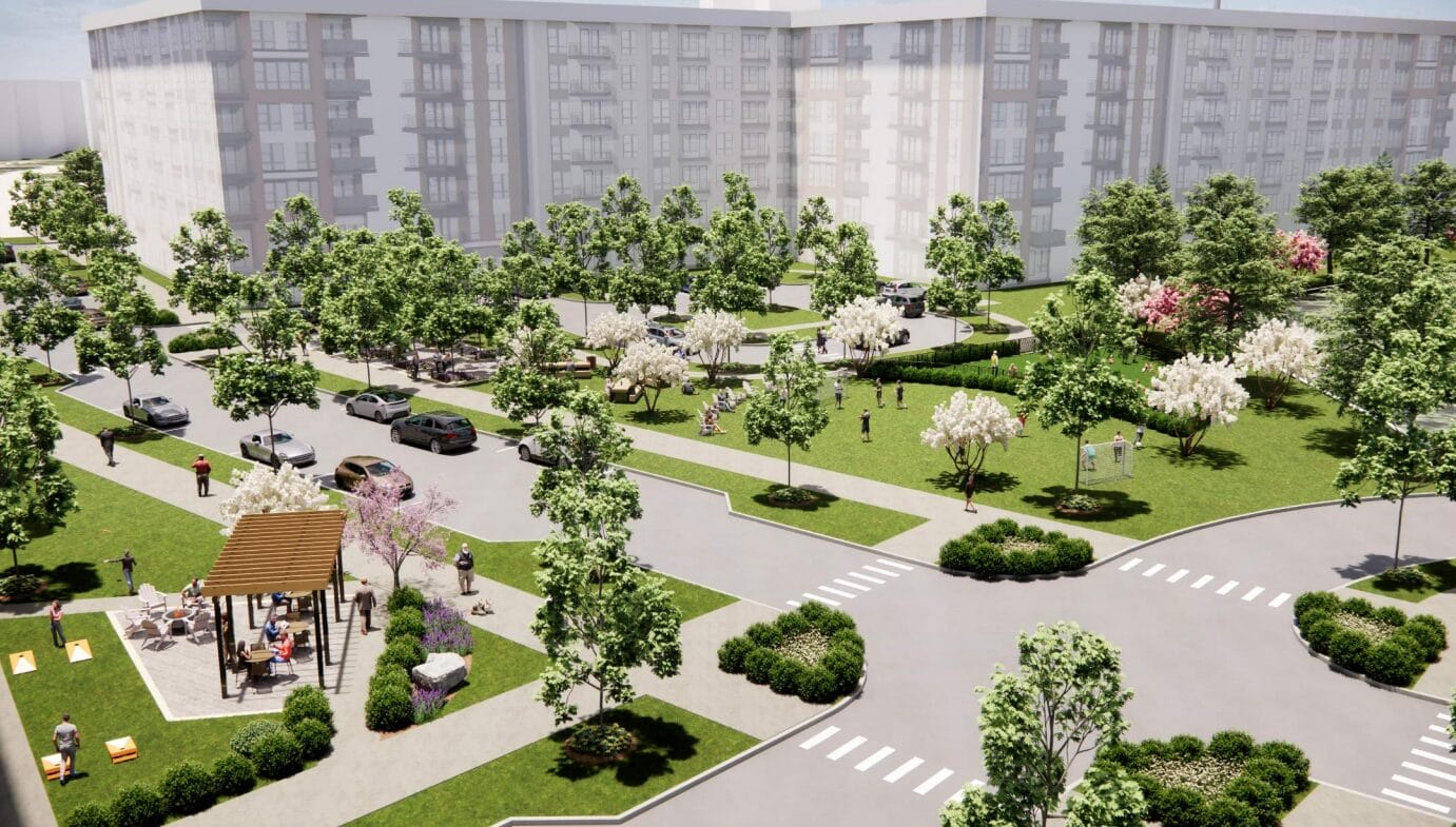 Bird's-eye view of a residential complex with a green park: tree-lined paths, a wooden gazebo, benches, and people enjoying outdoor space.