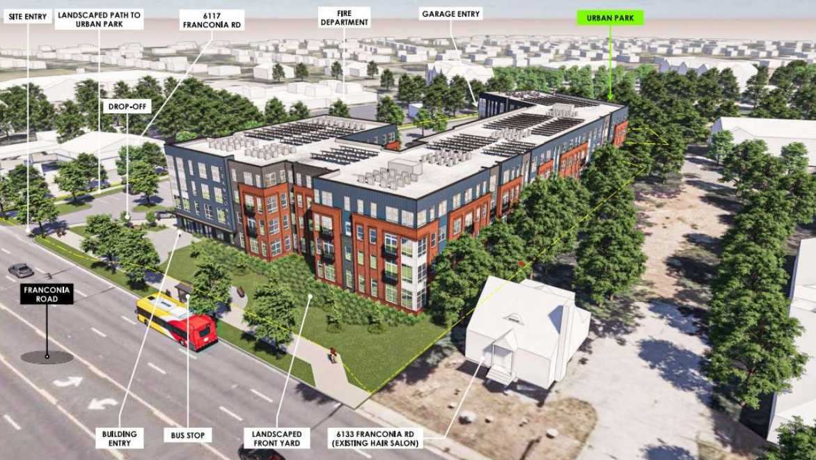 Rendering of the affordable apartments approved for the former Franconia Government Center site (via Fairfax County staff report) | FFXnow A 3D aerial rendering of a modern brick-and-blue building complex with a landscaped front yard, drop-off area, and bus stop along Franconia Road, surrounded by trees and an urban park (labels indicate site entries and nearby features).