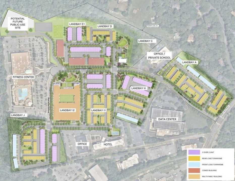 Site plan showing labeled land bays, buildings, and facilities within a development (offices, hotel, data center, schools, fitness center)