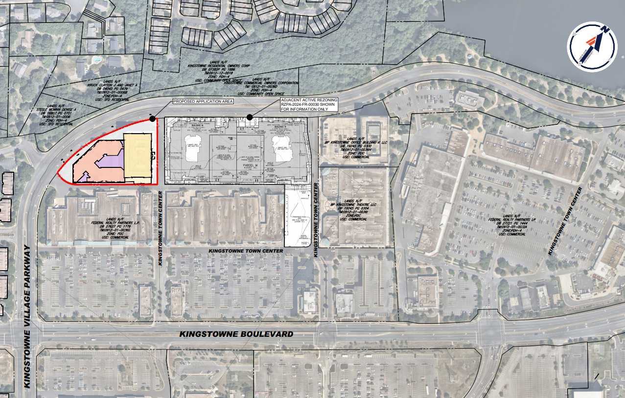 Site plan map showing a proposed development area outlined in red near Kingstown Town Center and Kingstown Boulevard.