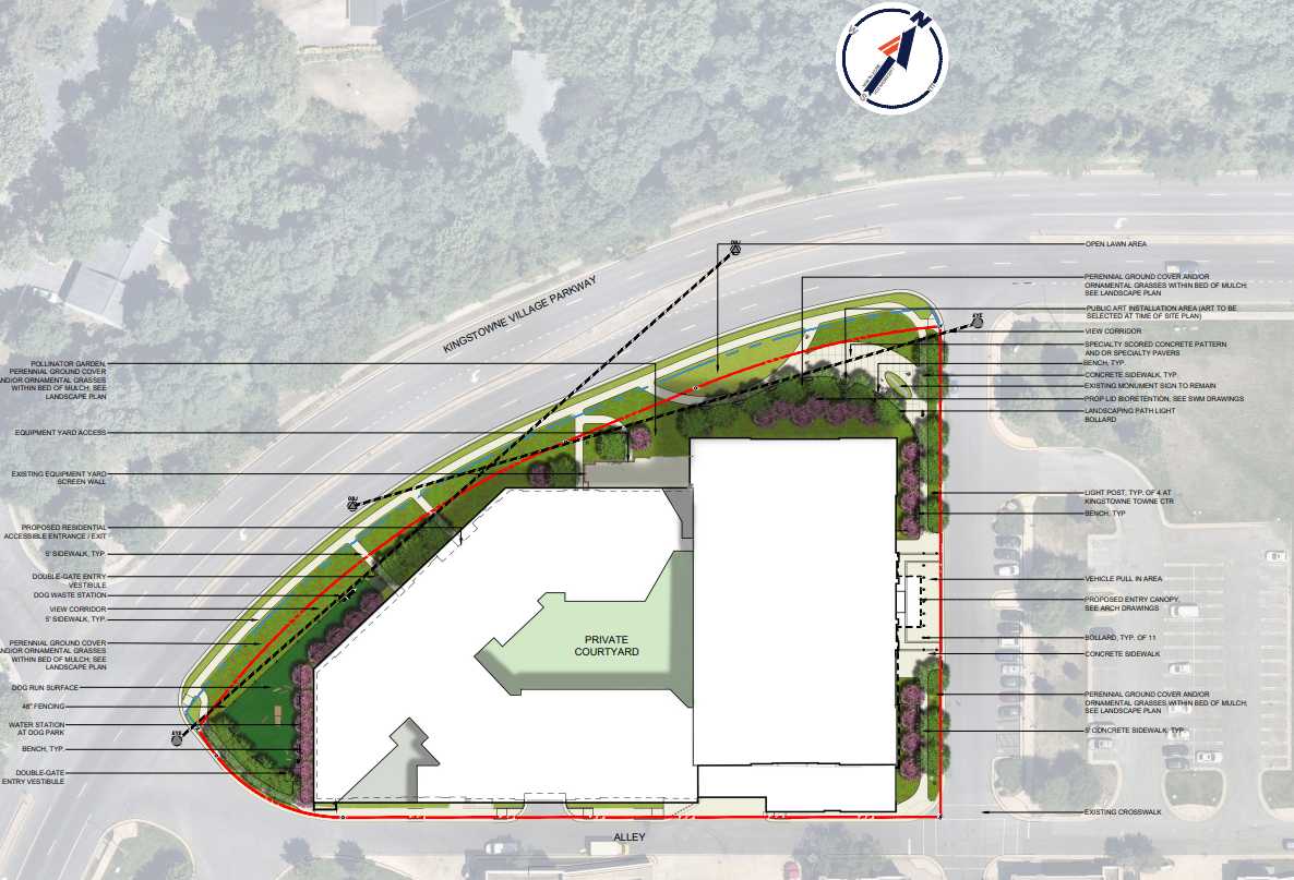 Aerial site plan of a building with a private courtyard, surrounding landscaping, parking areas, and labeled design notes around the perimeter.