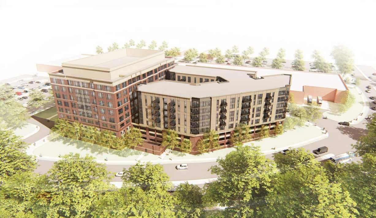 3D architectural rendering of a multi-building residential complex with brick and tan facades, surrounded by trees and a curved road.