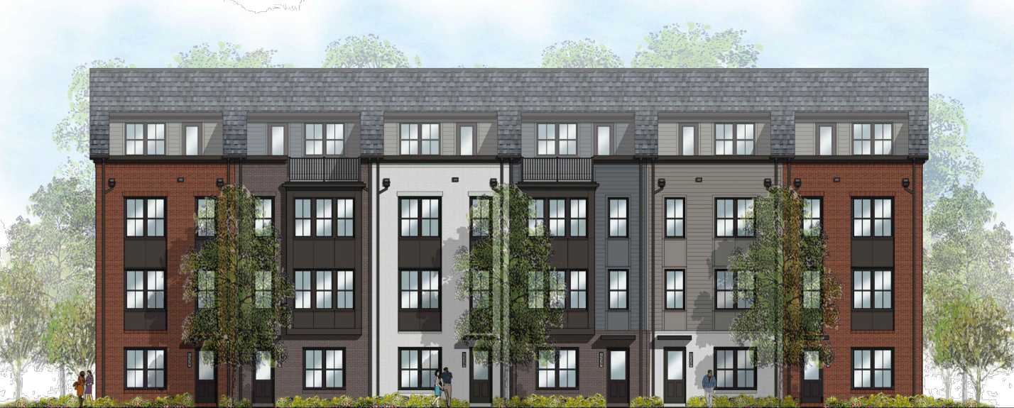 Rendering of Felice Development's townhouses planned to replace the Coppermine Commons III office building in Herndon (via Urban Ltd/Fairfax County) | FFXnow Rendering of a modern multi-unit apartment building with brick and siding, row-of-townhouse facades, and large windows.