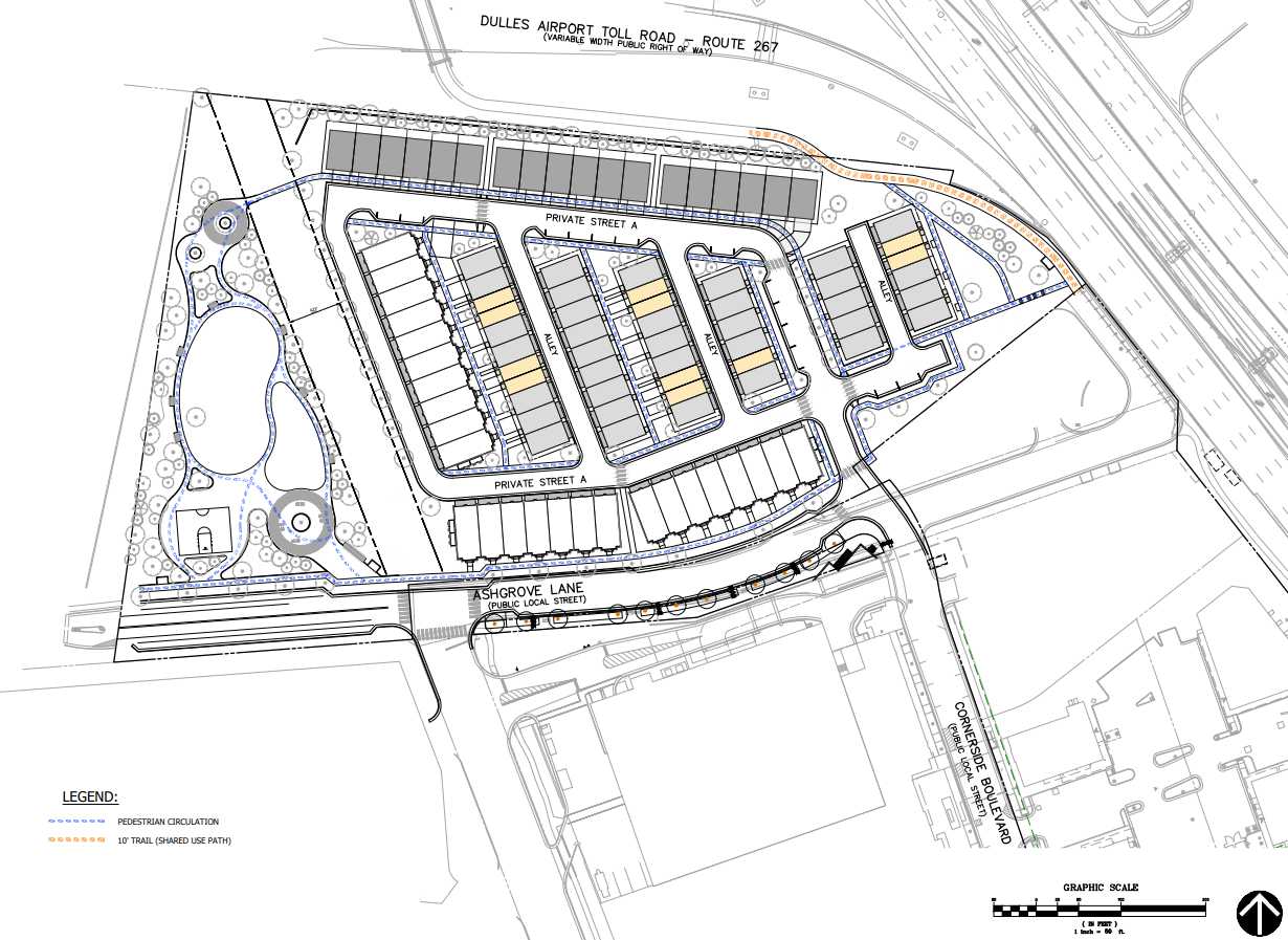 A pedestrian circulation plan for Toll Brothers' proposed residential neighborhood on the Sheraton Tysons Hotel site (via VIKA Virginia/Fairfax County) | FFXnow Site plan of a parking and street network with private streets, landscaped zones, and a pond on the left.