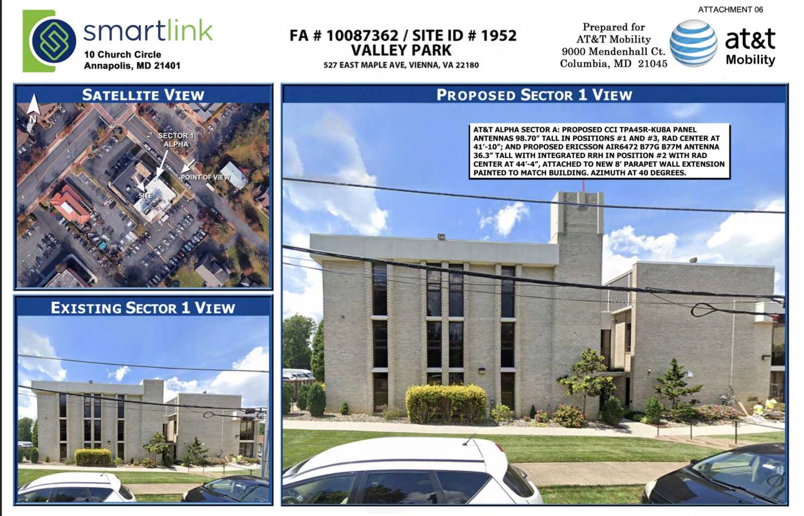 Layout board showing satellite view and two site views (Proposed Sector 1 and Existing Sector 1) of a building, with logos at top for SmartLink and AT&T Mobility.