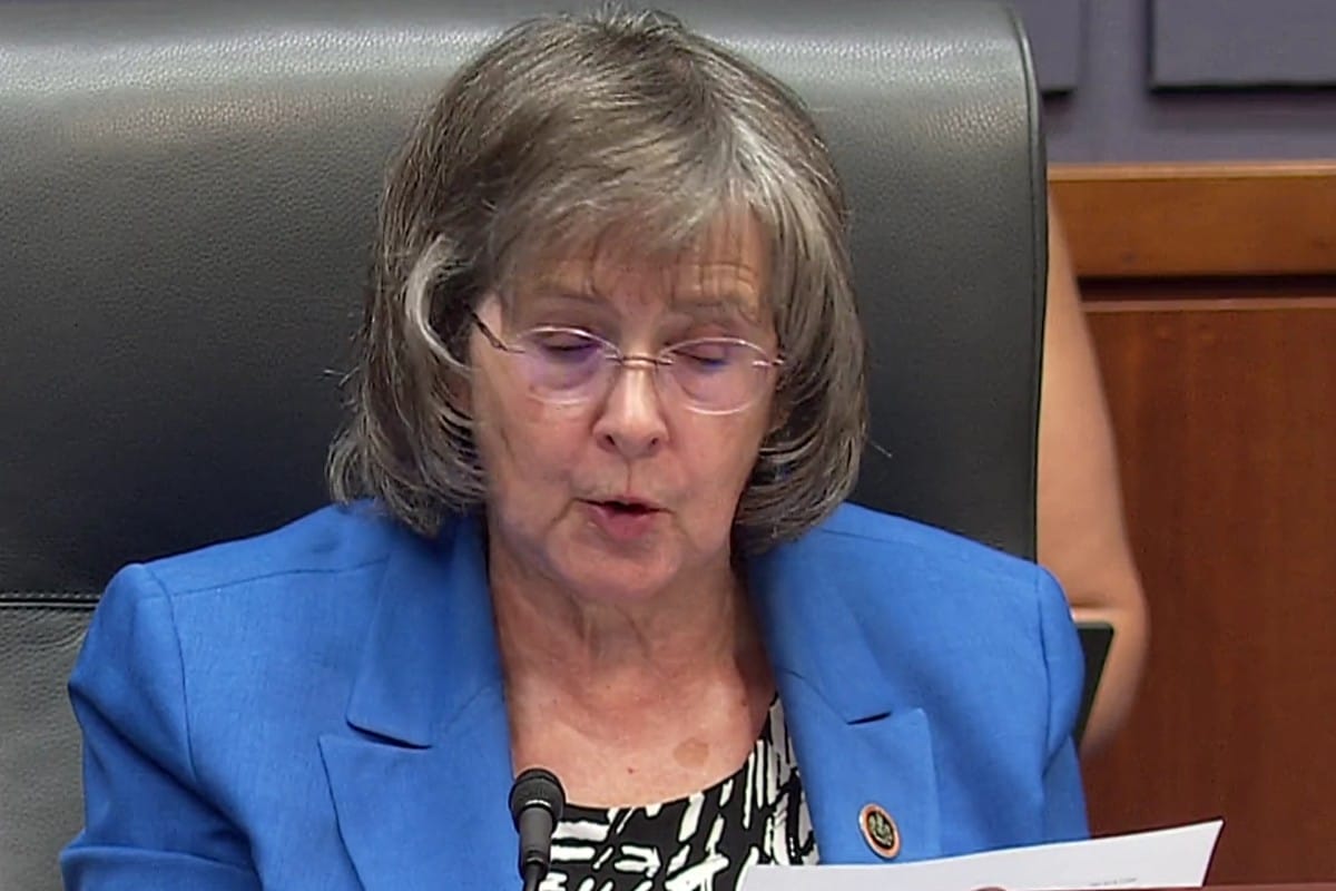 Sully District Supervisor Kathy Smith makes motion at Aug. 25, 2026 meeting (screenshot via Fairfax County) | FFXnow Woman in a blue blazer reads a document at a podium with a microphone in front of her.