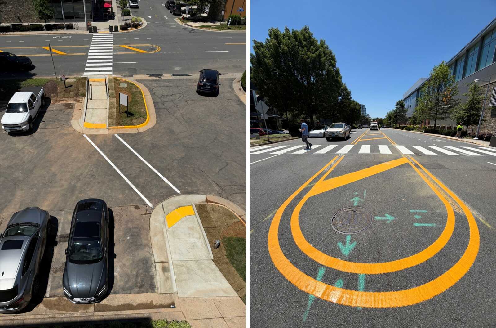 Aerial view of a parking lot and a crosswalk at an intersection, with white striped crosswalks and lane markings. (informative)