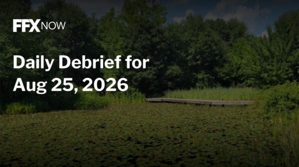 FFX Now header: Daily Debrief for Aug 25, 2026 over a pond with a wooden dock and lush greenery