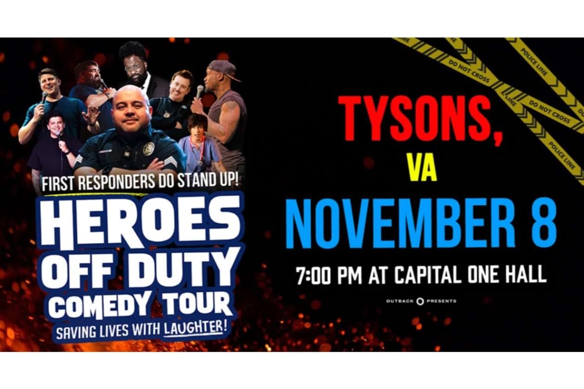 Event poster for Heroes Off Duty Comedy Tour in Tysons, VA on November 8 at Capital One Hall, 7:00 PM; group of comedians pictured on left.