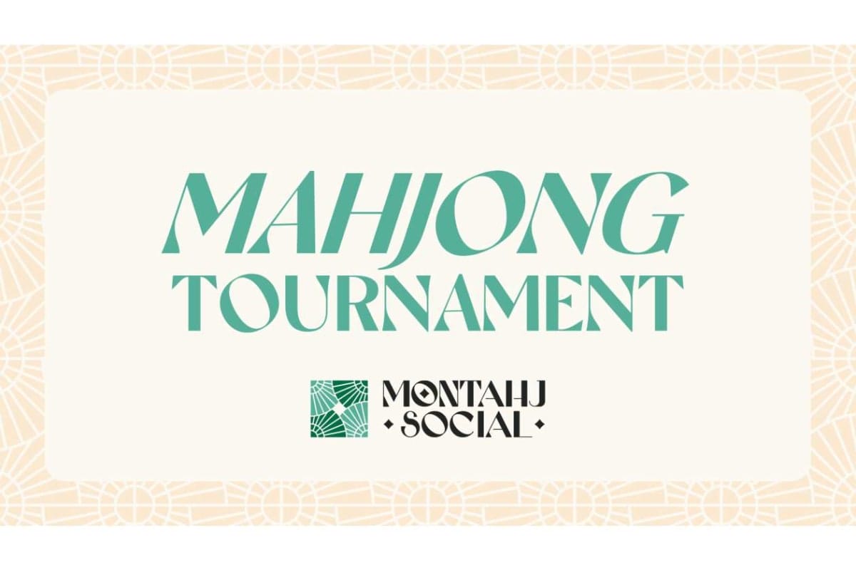 Banner reading 'MAHJONG TOURNAMENT' in teal, with a small green-logo 'Montahj Social' beneath on a cream panel and peach decorative border.