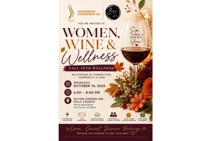 Poster for 'Women, Wine & Wellness' event: Oct 14, 2026, 6:00–8:00 PM at Hilton Garden Inn Falls Church, with wine glass and autumn flowers in warm tones.