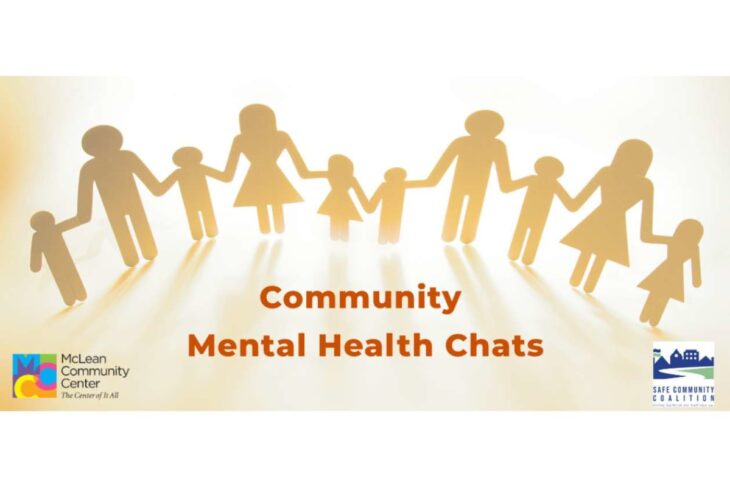 Silhouetted people holding hands in a circle with the title 'Community Mental Health Chats' and logos in the corners.