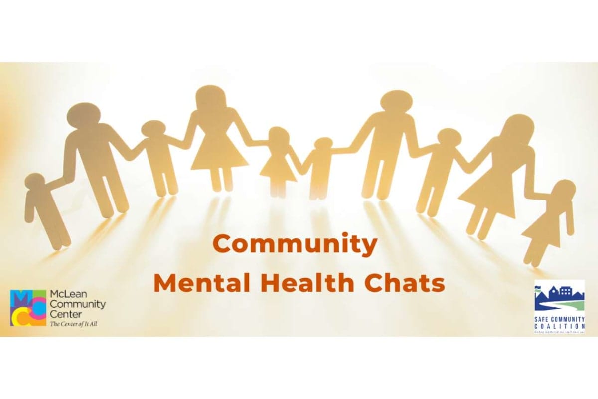 Silhouetted people holding hands in a circle with the title 'Community Mental Health Chats' and logos in the corners.