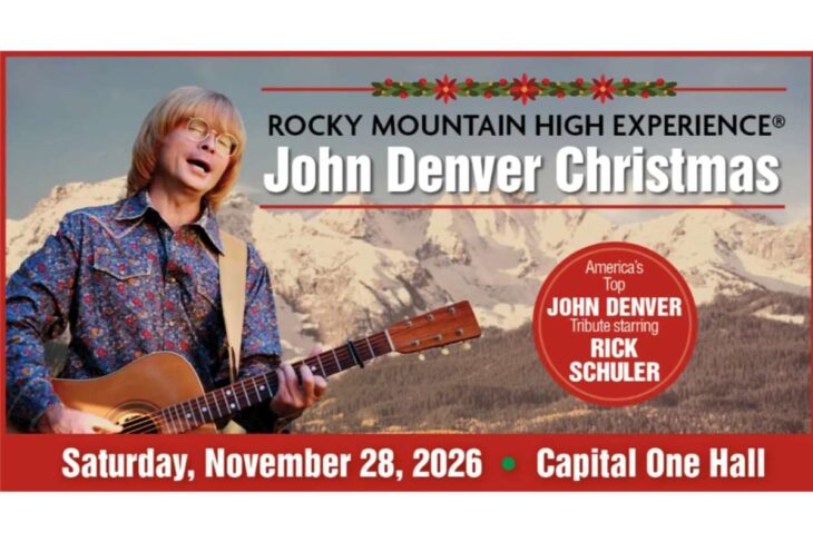 Concert poster for John Denver Christmas with a guitarist in front of snow-capped mountains.