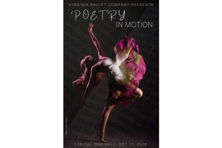 Poster for 'Poetry in Motion' by Virginia Ballet Company featuring a dancer in a pink flowing dress leaping against a dark scripted background; event at Capital One Hall, Oct 11, 2026.