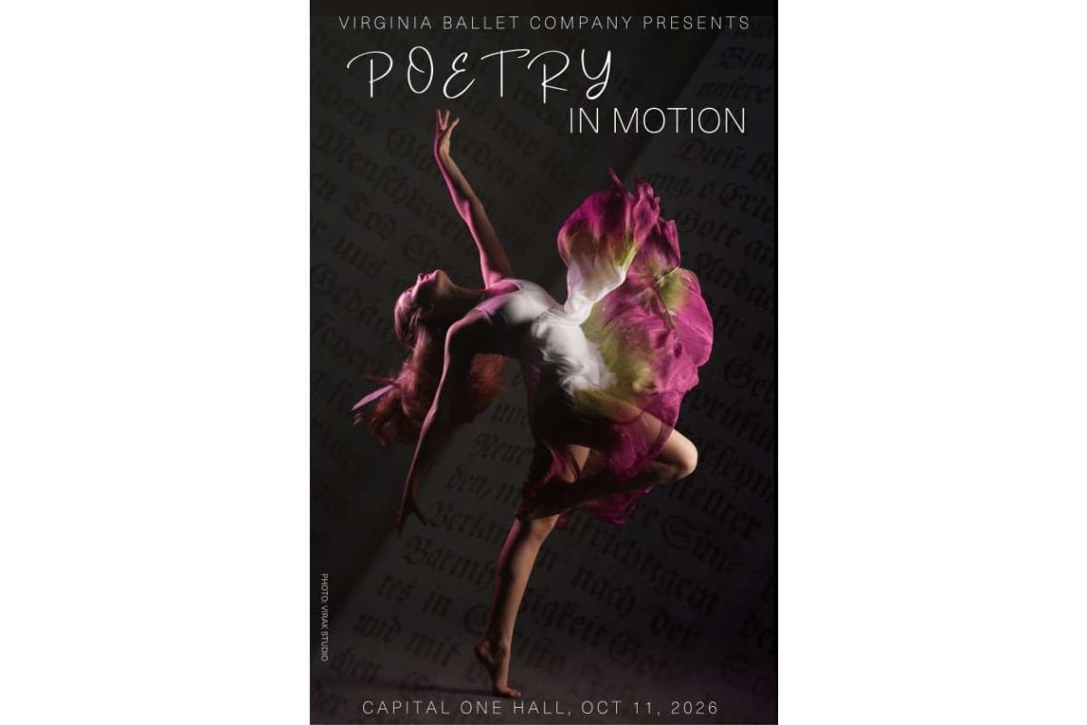 Poster for 'Poetry in Motion' by Virginia Ballet Company featuring a dancer in a pink flowing dress leaping against a dark scripted background; event at Capital One Hall, Oct 11, 2026.
