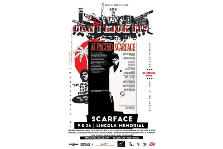 Event poster for 'Can I Kick It?' featuring Scarface at the Lincoln Memorial, with black‑and‑white collage and bold red title text (outdoor cinema, Summer 2026).