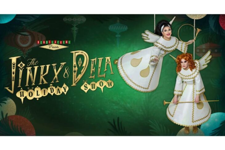 Poster for The Jinky & Delta Show featuring two performers in white-and-gold costumes against a green backdrop.
