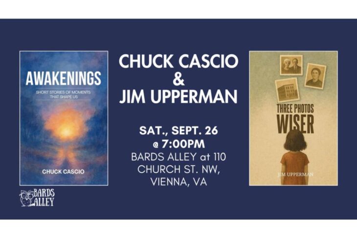 Event poster for Chuck Cascio and Jim Upperman reading, featuring 'Awakenings' and 'Three Photos Wiser'; at Bards Alley, 110 Church St NW, Vienna, VA, Sept 26 at 7:00 PM.