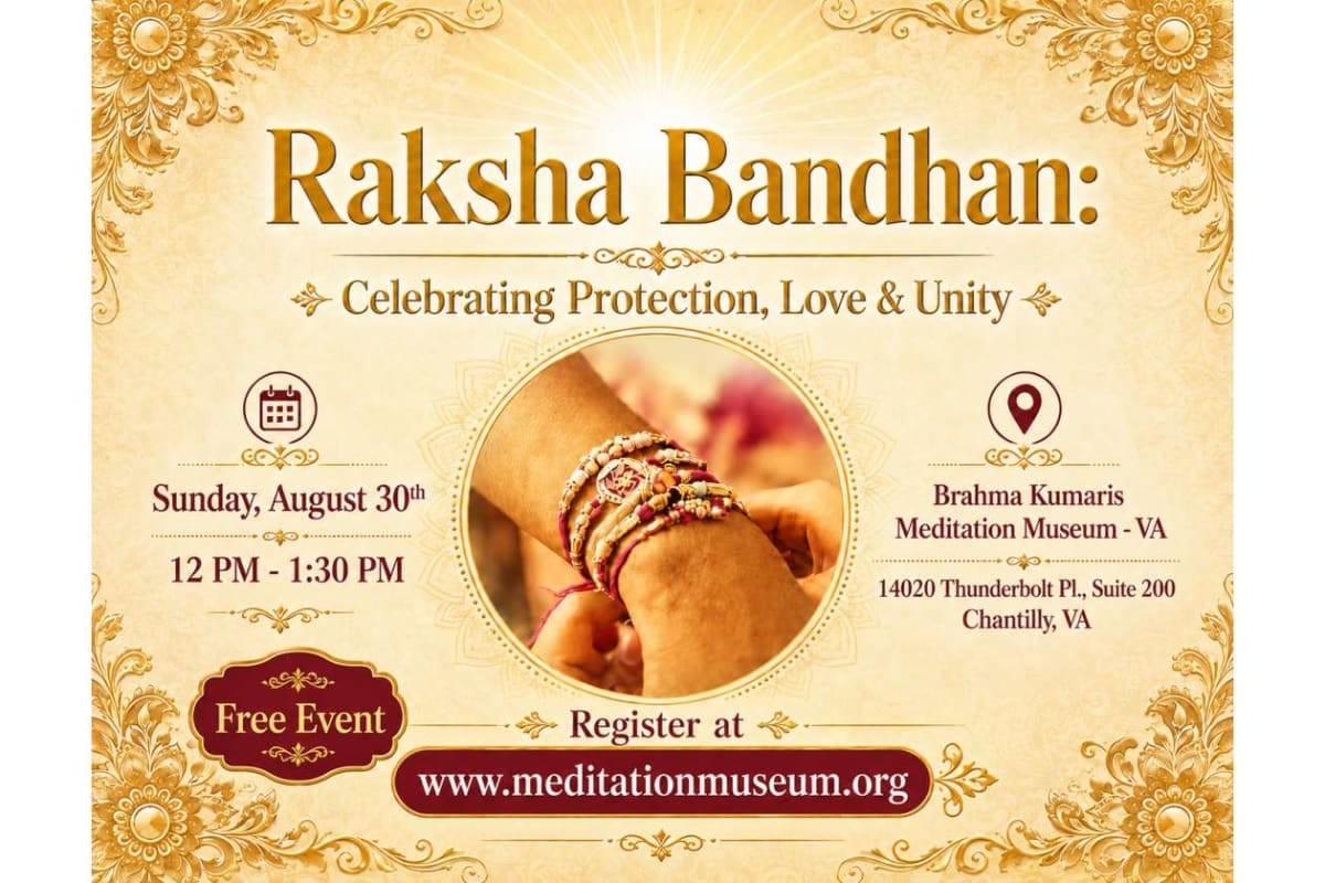 Poster announcing Raksha Bandhan celebration with bracelet-wrapped wrists and event details.