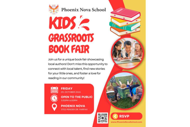 Flyer for Phoenix Nova School’s Kids Grassroots Book Fair with stacked colorful books and kids reading in circular photo, date, time, and location details included (RSVP section visible).
