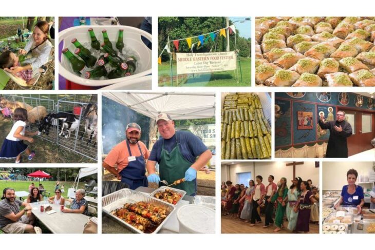 Collage of a community outdoor festival with people eating, grilling, and pastries on display.