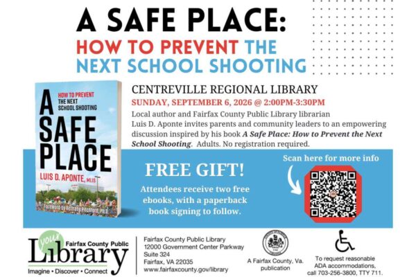 Poster advertising a talk/book: 'A Safe Place' about preventing the next school shooting with a book image and QR code for more info, event details included.