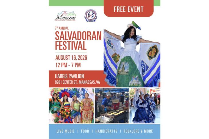 Poster for the Salvadoran Festival on Aug 16, 2026, 12 PM–7 PM at Harris Pavilion, Manassas, VA; free event with live music, food, crafts, and folkloric dance.