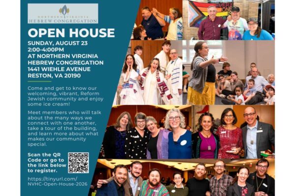Open House flyer for Northern Virginia Hebrew Congregation; collage of group photos on the right and event details on the left.