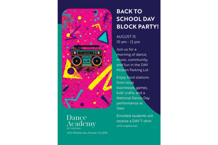 Poster for a Back to School DAV Block Party with a bright pink retro boombox graphic; event details: Aug 15, 10 am–12 pm, DAV McLean Parking Lot, dances, music, food stations, games, crafts, and a National Dance Day performance in McLean, VA.