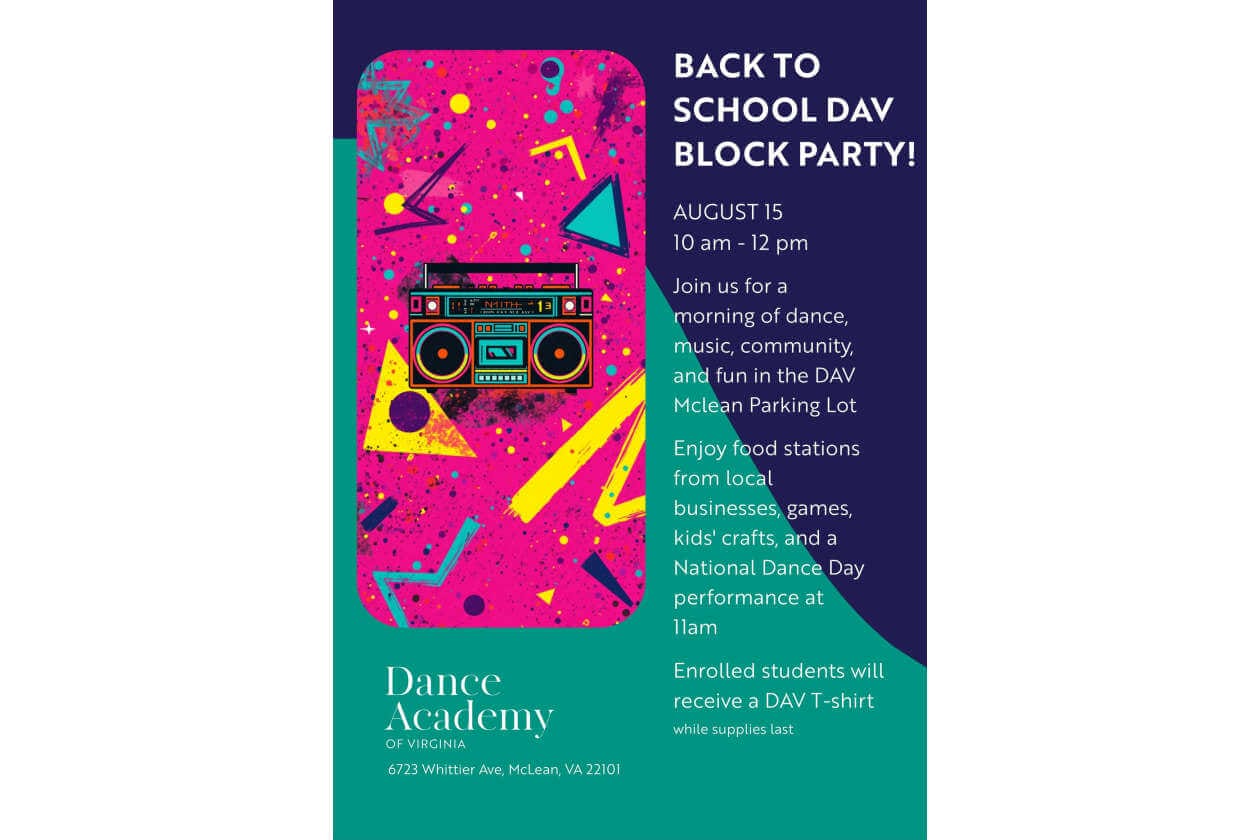 Poster for a Back to School DAV Block Party with a bright pink retro boombox graphic; event details: Aug 15, 10 am–12 pm, DAV McLean Parking Lot, dances, music, food stations, games, crafts, and a National Dance Day performance in McLean, VA.