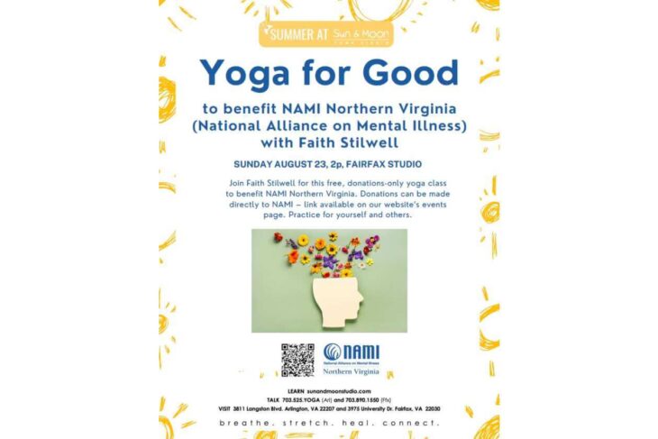 Poster advertising 'Yoga for Good' fundraiser for NAMI Northern Virginia with event details and a floral collage image.