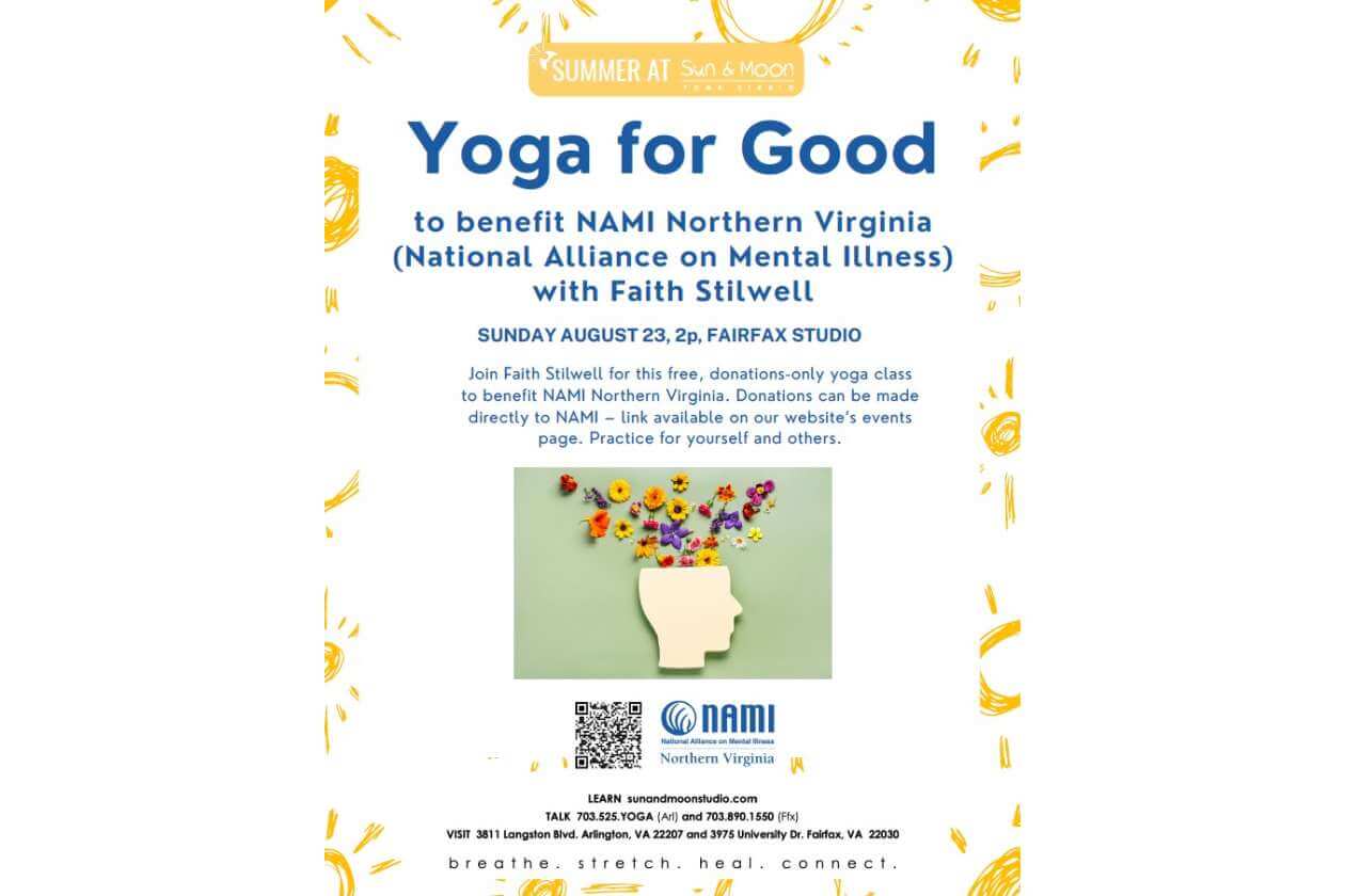 Poster advertising 'Yoga for Good' fundraiser for NAMI Northern Virginia with event details and a floral collage image.