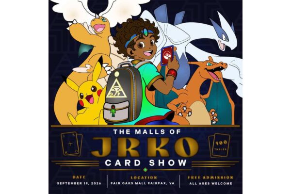Poster for 'The Malls of JRKO Card Show' featuring a smiling kid with a backpack and several fantasy creatures, holding a red card; event date September 19, 2026 at Fair Oaks Mall, Fairfax, VA; free admission.