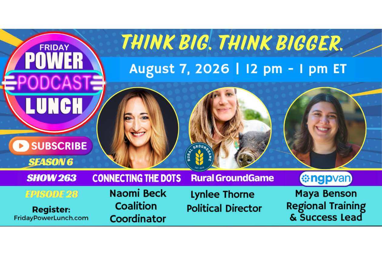 Promotional banner for the Friday Power Lunch podcast: three speaker headshots in circular frames, date and time (Aug 7, 2026, 12 pm ET), season 6, episode 28, and a Subscribe button.