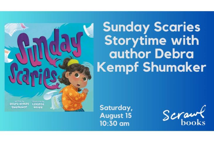 Banner promoting Sunday Scaries Storytime with author Debra Kempf Shumaker; colorful book cover on the left and event details on the blue gradient background on the right.